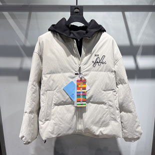 实体~潮牌美式假两件连帽羽绒服男士宽松休闲百搭外套面包服短款