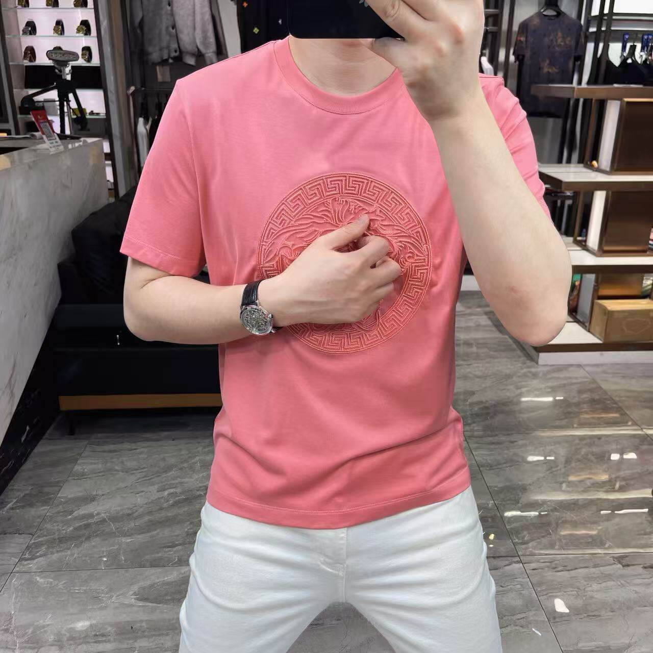 高端欧货刺绣美杜莎短袖T恤男士夏季修身潮牌圆领粉色丝光棉上衣