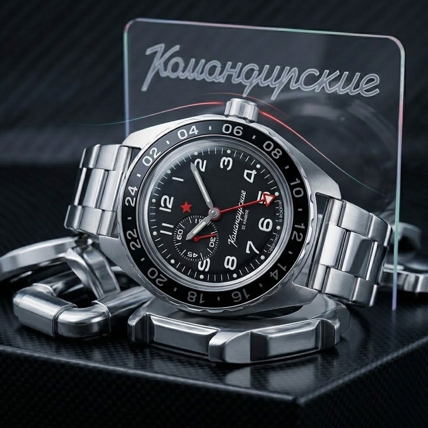 俄罗斯VOSTOK红星指挥官自动机械男表防水游泳夜光GMT24小时黑色