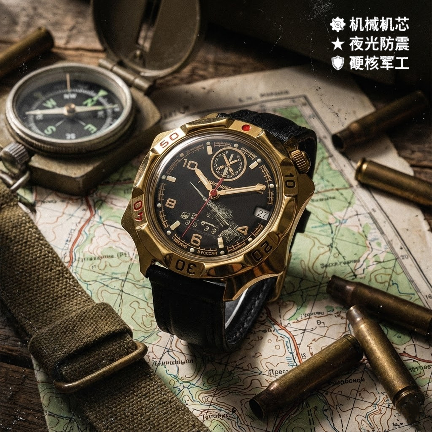 俄罗斯进口机械黄铜军表防震防水
