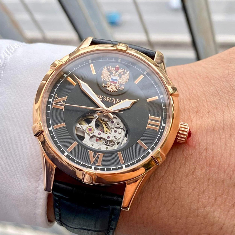 俄罗斯总统情侣表双头鹰自动机械镀玫瑰金镂空镶嵌红宝石透底真皮