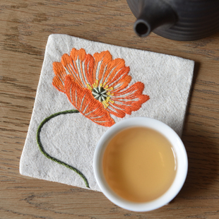 虞美人杯垫手工DIY刺绣材料包棉麻布艺茶席摆件禅意古风绣花工具