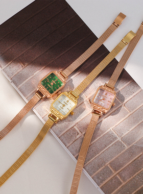 vintage轻奢方形手链手表白绿粉色贝壳表面中古网织进口石英机芯
