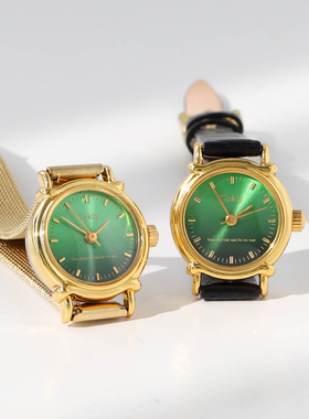 Cokly复古小绿表百搭糖果圆形渐变表面女表学生小巧手动机械手表