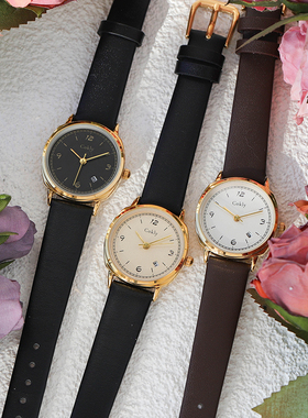 Cokly圆形金色石英手表女表学生清新简约气质vintage学院风