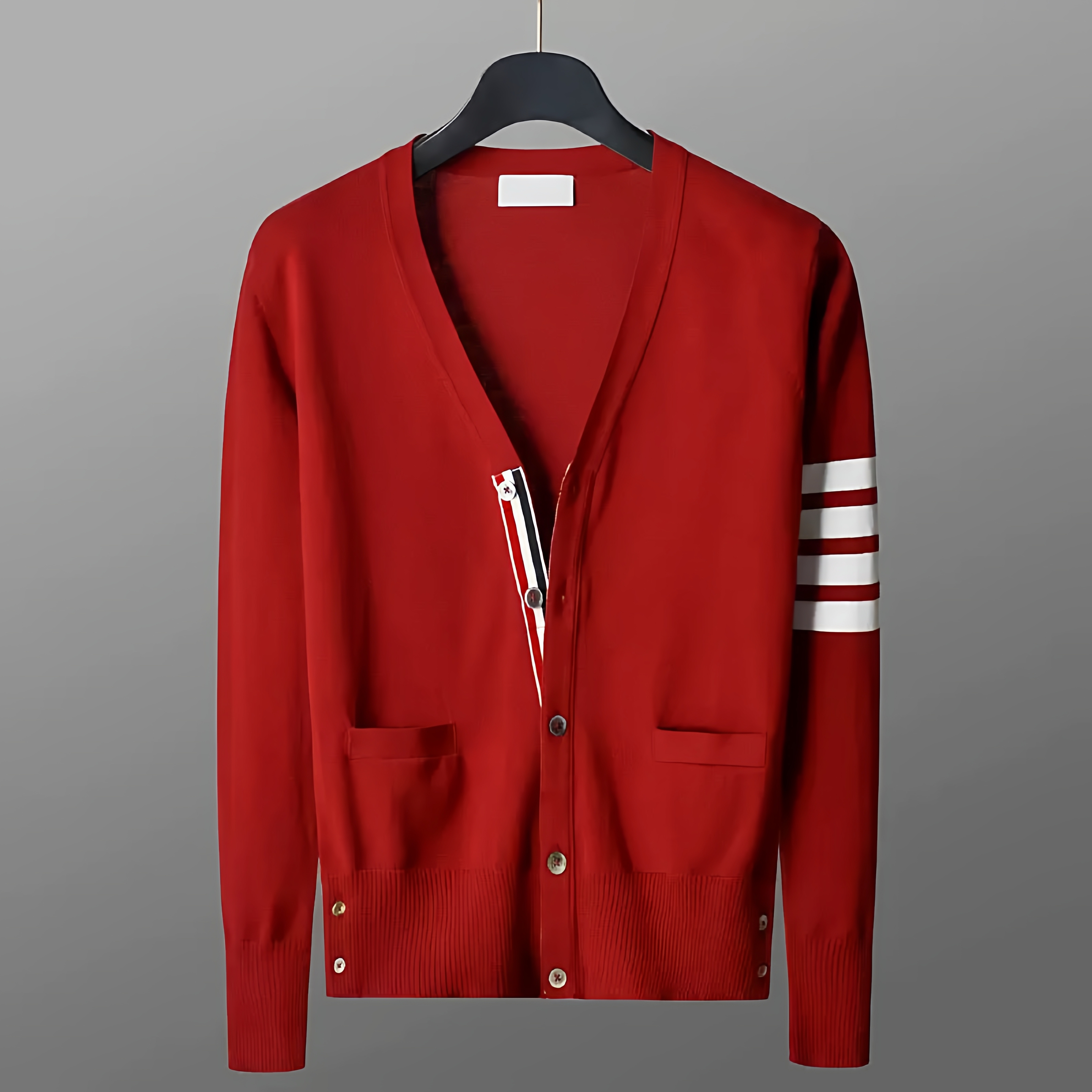 TB经典5扣本命年红色开衫毛衣针织衫休闲时尚外套四道杠男女情侣