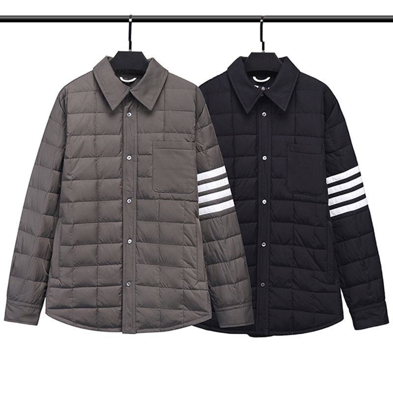 高定TB冬季羽绒服男女四条杠灰鸭绒格子保暖棉服翻领夹克羽绒外套