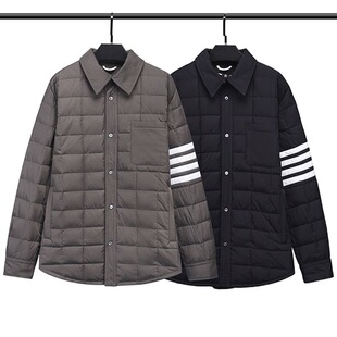 高定TB冬季羽绒服男女四条杠灰鸭绒格子保暖棉服翻领夹克羽绒外套