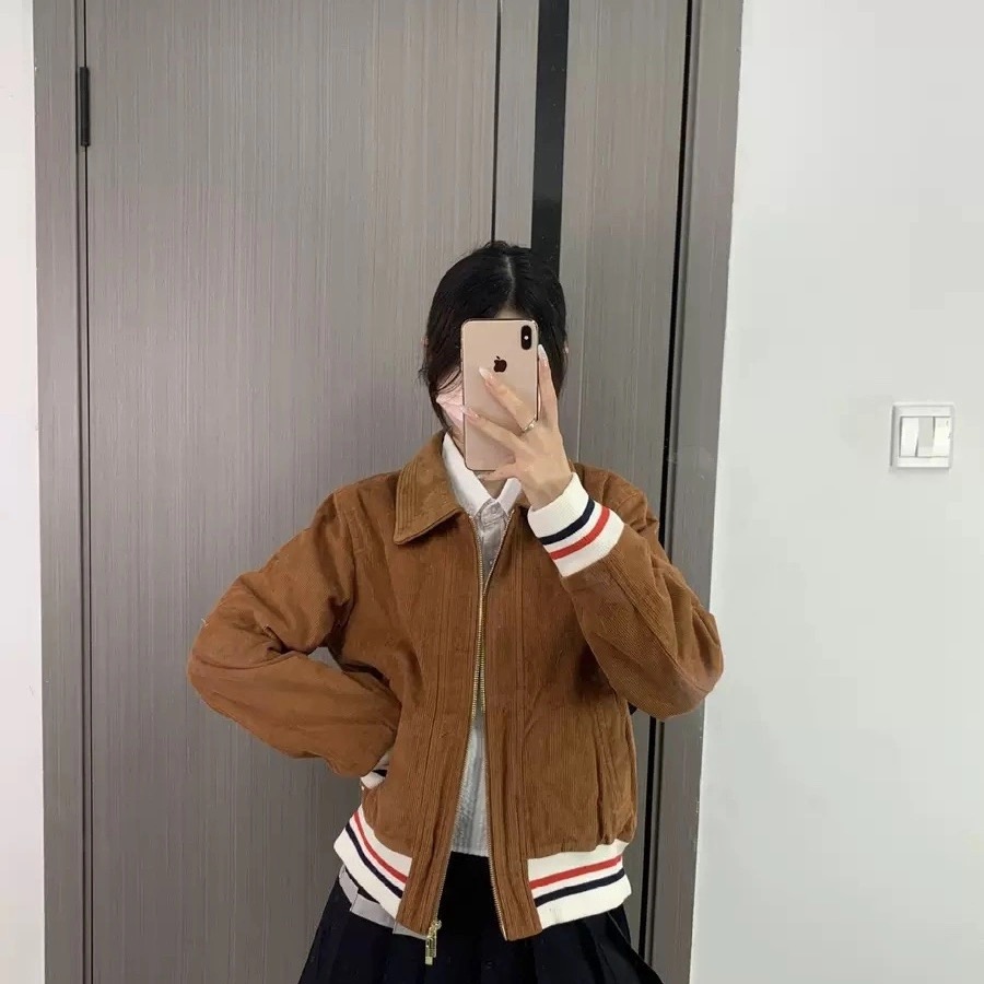 高定TB女款彩条灯芯绒复古夹克开衫休闲百搭简约长袖夹克上衣