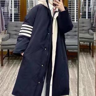 TB灰鸭绒长款羽绒服四条杠宽松白边门禁大外套连帽大衣情侣款