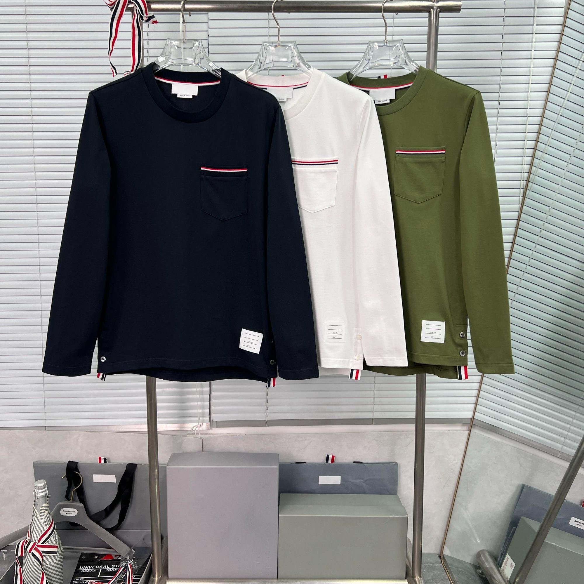 TB口袋彩条纯棉平纹T恤长袖新款春秋男女套头圆领百搭简约上衣