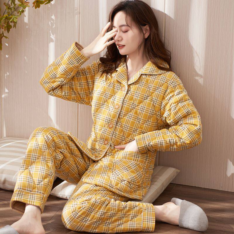 睡衣女秋冬季加厚纯棉三层夹棉中老年妈妈新款格子大码家居服套装
