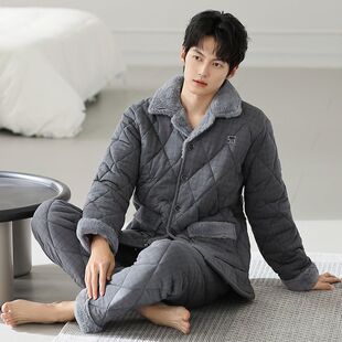 冬季睡衣男士开衫纯棉夹棉加绒加厚宽松大码高级感家居服男款套装