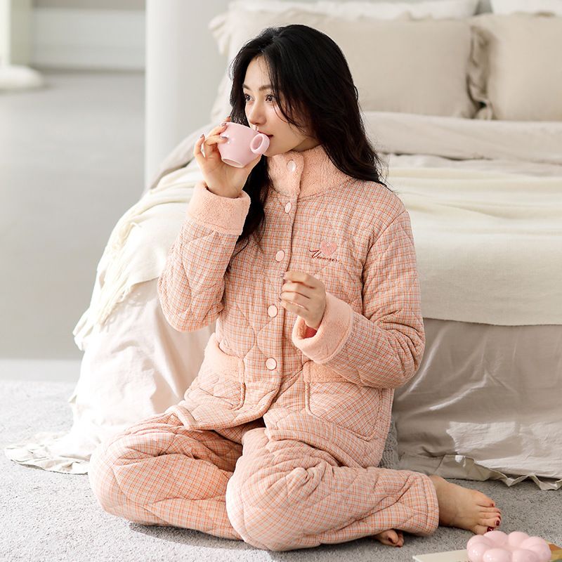 睡衣女冬季100%纯棉三层夹棉保暖加厚里加绒棉袄可外穿家居服套装