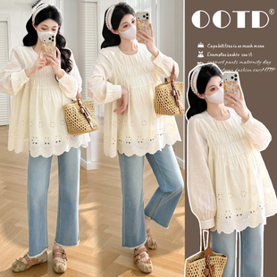 高级感孕妇装新款时尚衬衫宽松遮肚显瘦款绣花木耳边纯棉上衣衬衣