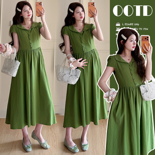 高级感孕妇装孕妈法式穿搭翻领娃娃领短袖中长款连衣裙漂亮裙子