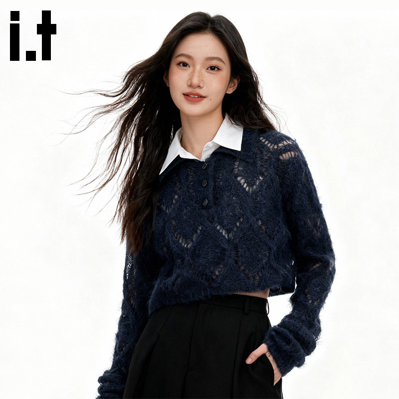 itGROUNDZERO新春休闲修身复古翻领高级短款镂空毛衣针织衫打底女