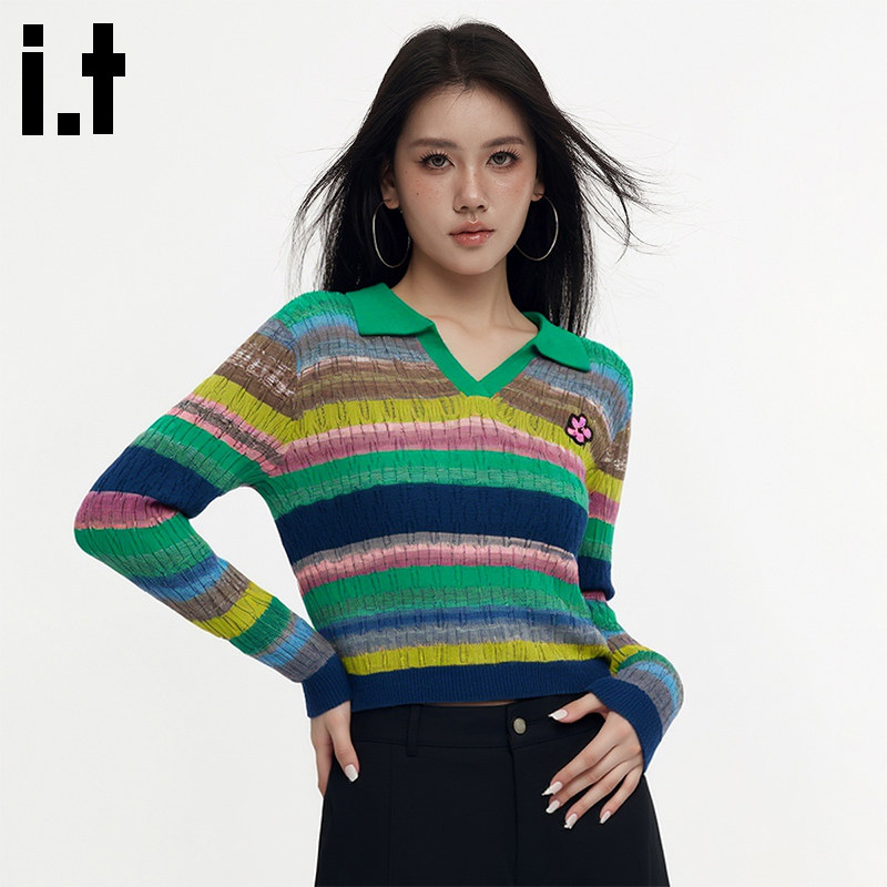 itGROUNDZERO新春休闲修身时尚彩虹条纹绿色镂空POLO领针织衫打底
