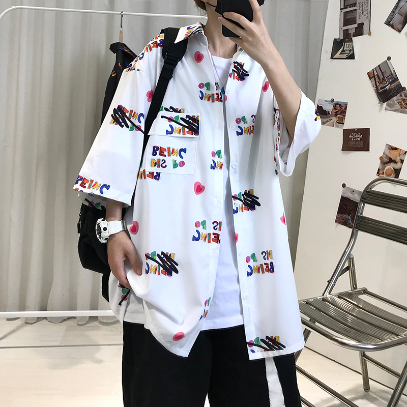 夏季新款潮流寬鬆情侶半袖襯衣印花男士短袖襯衫