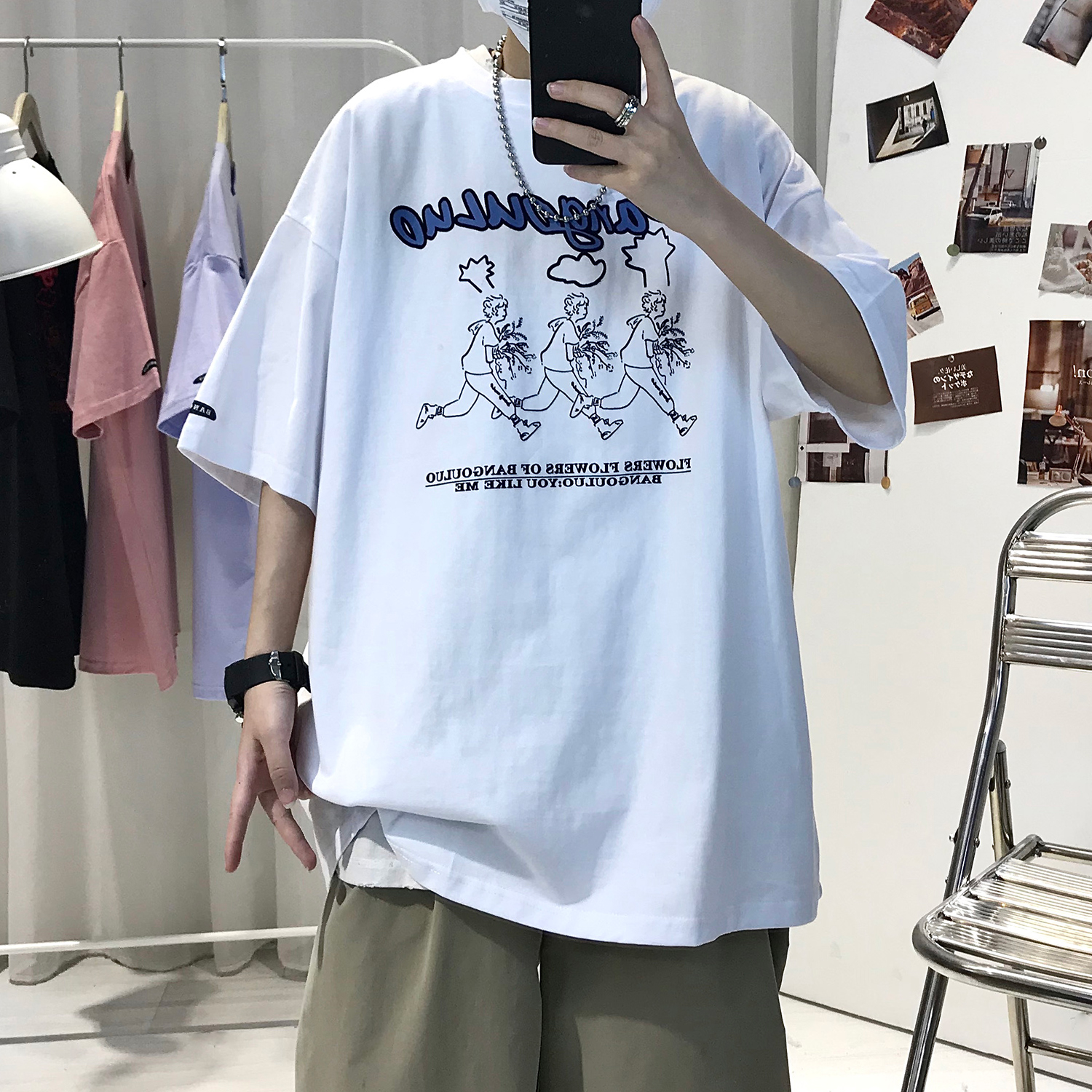 Summer trend round neck couple short sleeve loose Hong Kong Style Men's and women's half sleeve T-shirt