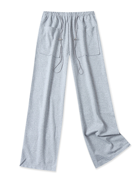 直筒休闲裤秋新款外贸女装百搭抽绳松紧腰贴布口袋显瘦长裤17372