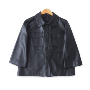 翻领按扣显瘦八分袖 PU皮夹克秋季 百搭时尚 外贸女装 外套18468 新款