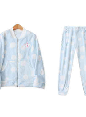 珊瑚绒套装冬季新款外贸女装保暖长袖拉链家居服+松紧腰睡裤19092