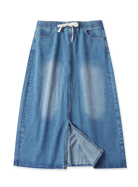 牛仔半身裙春新款外贸女装时尚松紧高腰显瘦前开叉水洗长裙17908