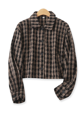 格子短外套春新款外贸女装时尚复古百搭显瘦单排扣长袖夹克15441