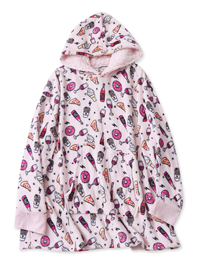 中长印花绒衫秋冬季新款外贸女装懒人毯宽松连帽长袖家居服17336