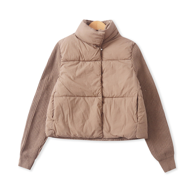 针织拼接短款棉衣冬新款外贸女装时尚修身双领长袖拉链外套19235