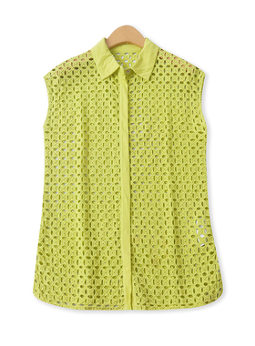 棉镂空无袖衬衫夏新款外贸女装百搭翻领单排按扣修身网眼衫18055