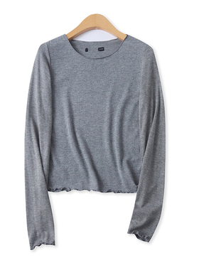 针织打底衫春季新款外贸女装时尚木耳边修身套头长袖短上衣17674