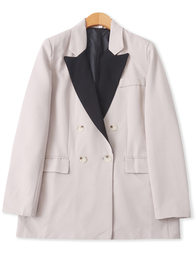 休闲西装秋季新款外贸女装中长撞色翻领双排扣长袖显瘦外套19147