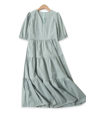 泡泡袖长裙春夏新款外贸女装甜美高腰后隐形拉链显瘦连衣裙14116