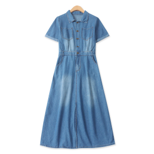 短袖 水洗牛仔裙夏季 休闲松紧腰修身 外贸女装 翻领连衣裙19609 新款