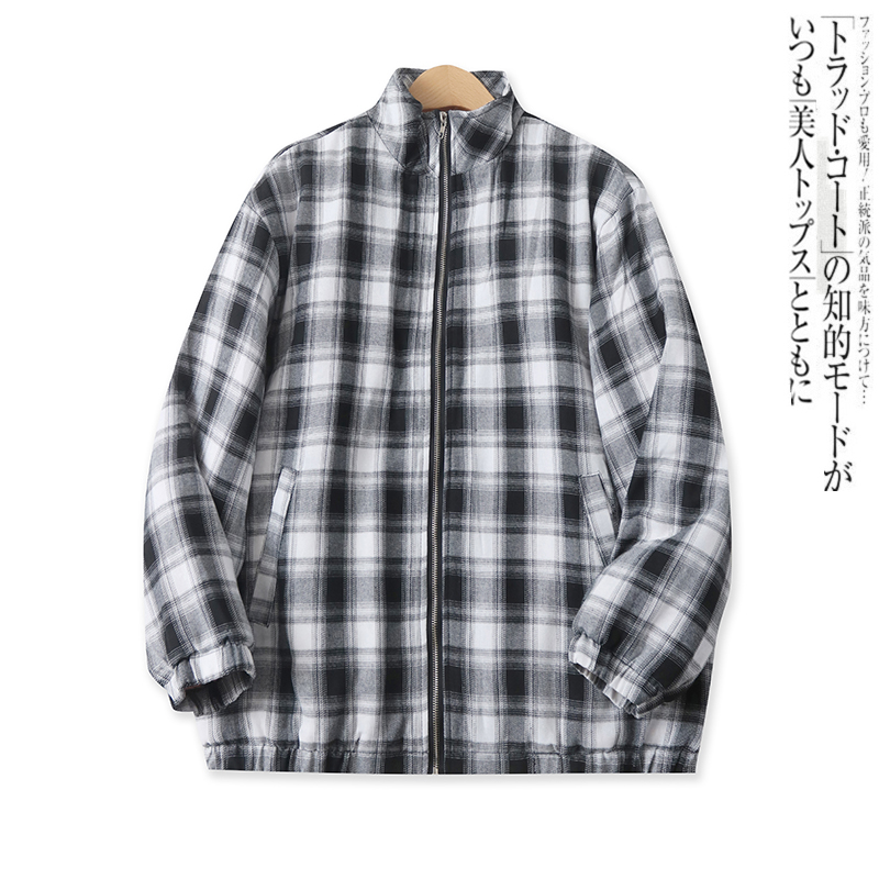 休闲长袖格子棉服宽松立领拉链