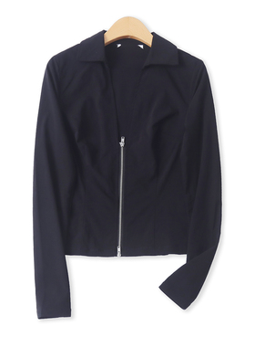 薄外套秋新款外贸女装美式翻领修身收腰长袖短款双拉链开衫18382