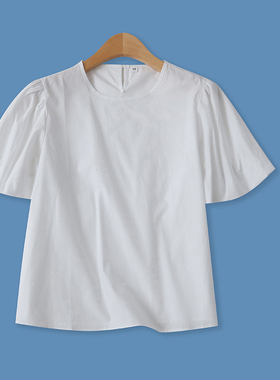 棉衬衫夏季新款外贸女装休闲百搭纯色简约圆领套头短袖上衣15802