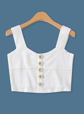 波纹吊带衫夏季新款外贸女装百搭时尚修身装饰钮扣露脐背心17151