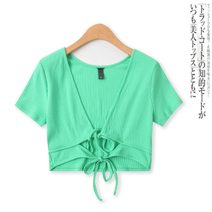 绑带螺纹T恤夏季 外贸女装 减龄露脐百搭弹力显瘦短袖 上衣15124 新款