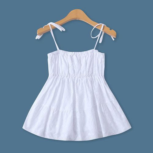 镂空刺绣棉吊带夏新款外贸女装百搭自由系带修身木耳边上衣19718