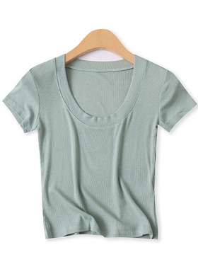 针织棉T恤夏季新款外贸女装百搭短款低圆领弹力修身短袖上衣16073
