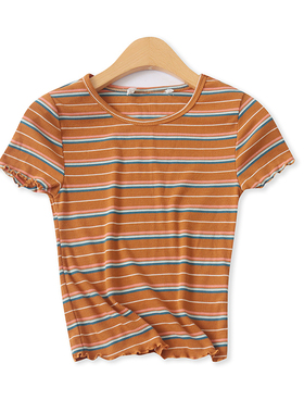 彩条纹T恤夏季新款外贸女装百搭圆领短款高弹力短袖套头上衣17089