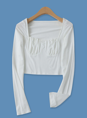 时尚褶皱T恤春新款外贸女装百搭糖果色方领修身长袖露脐上衣16186