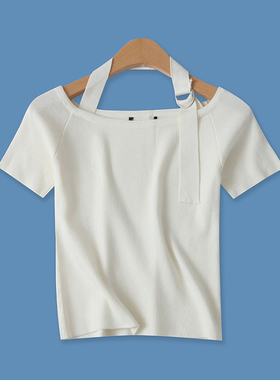 百搭T恤秋季新款外贸女装时尚搭扣挂脖弹力修身短袖针织小衫15934
