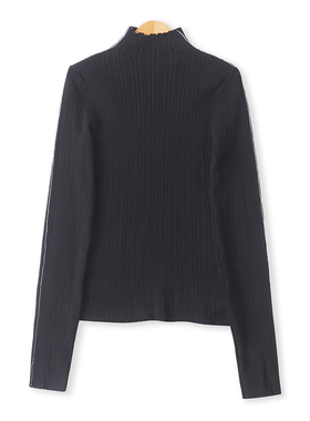 中领针织衫秋冬新款外贸女装百搭拼色嵌条修身长袖坑条毛衣19063