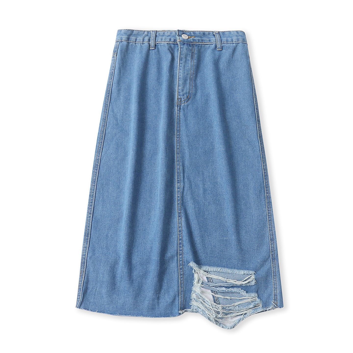 牛仔半身裙秋新款外贸女装时尚百搭修身水洗破洞开叉中长裙18745