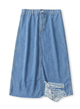 牛仔半身裙秋新款外贸女装时尚百搭修身水洗破洞开叉中长裙18745