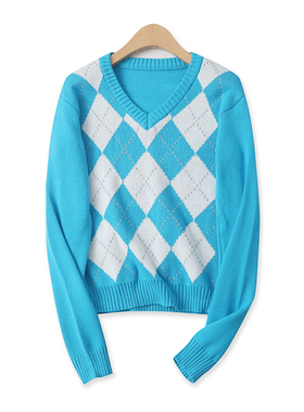 菱形毛衣春季新外贸女装时尚百搭修身显瘦 V领套头长袖上衣16293